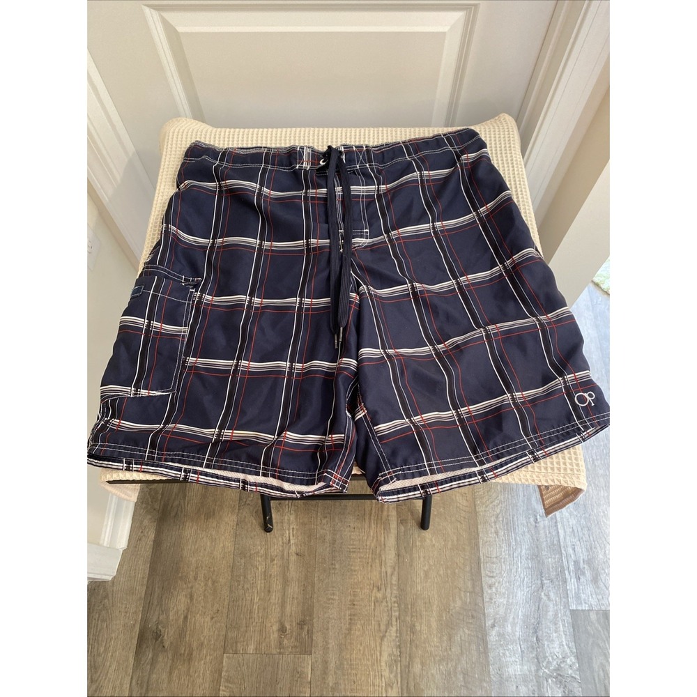 OP Ocean Pacific Mens Swim Board Short Navy Blue Red White Plaid XL 40 42 B30-02